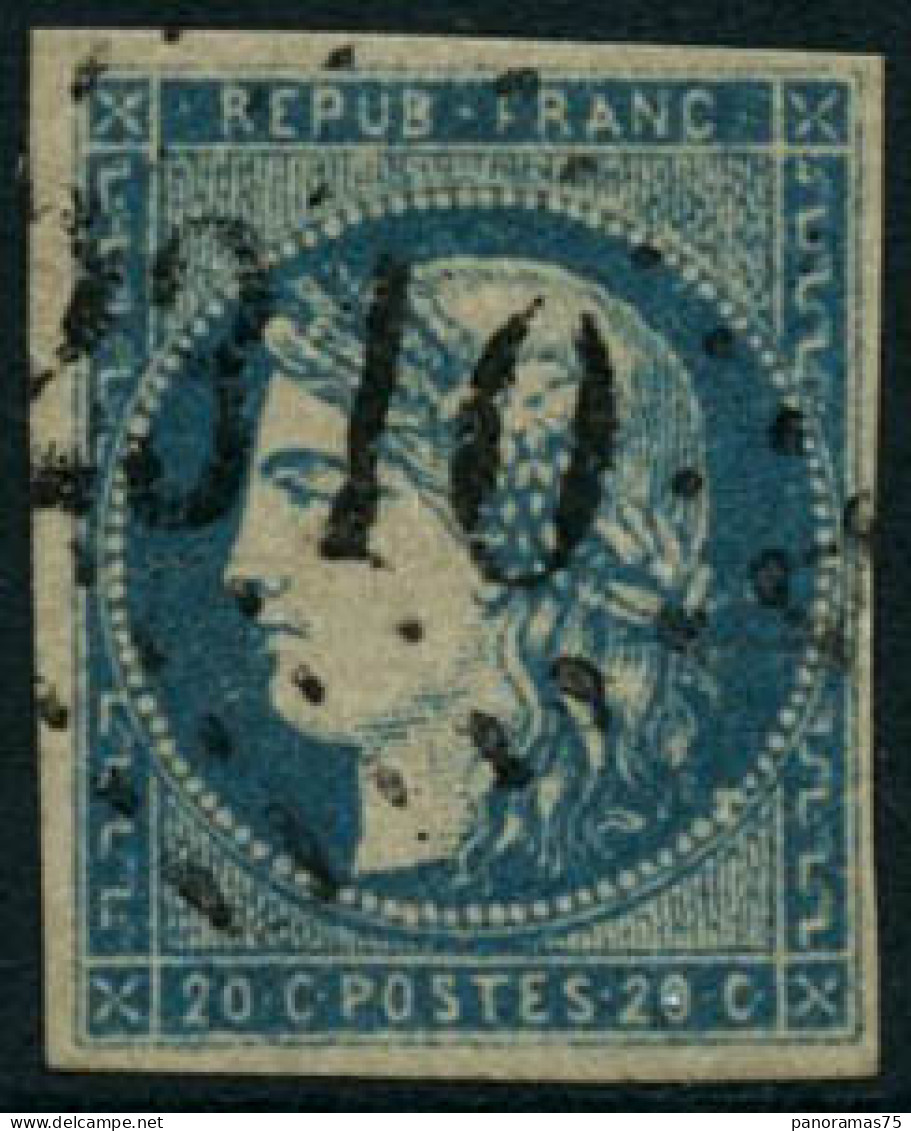 Obl. N°44B 20c Bleu, Type I R2 - TB - 1870 Emisión De Bordeaux