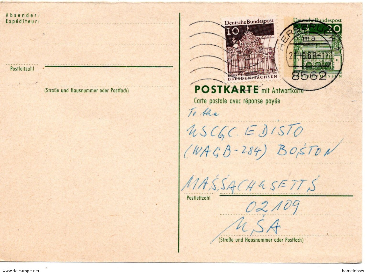 69660 - Bund - 1969 - 20Pfg Gr.Bauten GAAntwKte (Frageteil) M ZusFrankatur HERSBRUCK -> Boston, MA (USA) - Cartas & Documentos