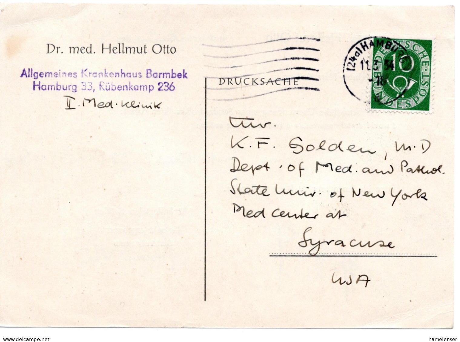 69661 - Bund - 1954 - 10Pfg Posthorn EF A DrucksKte HAMBURG -> Syracuse, NY (USA) - Lettres & Documents