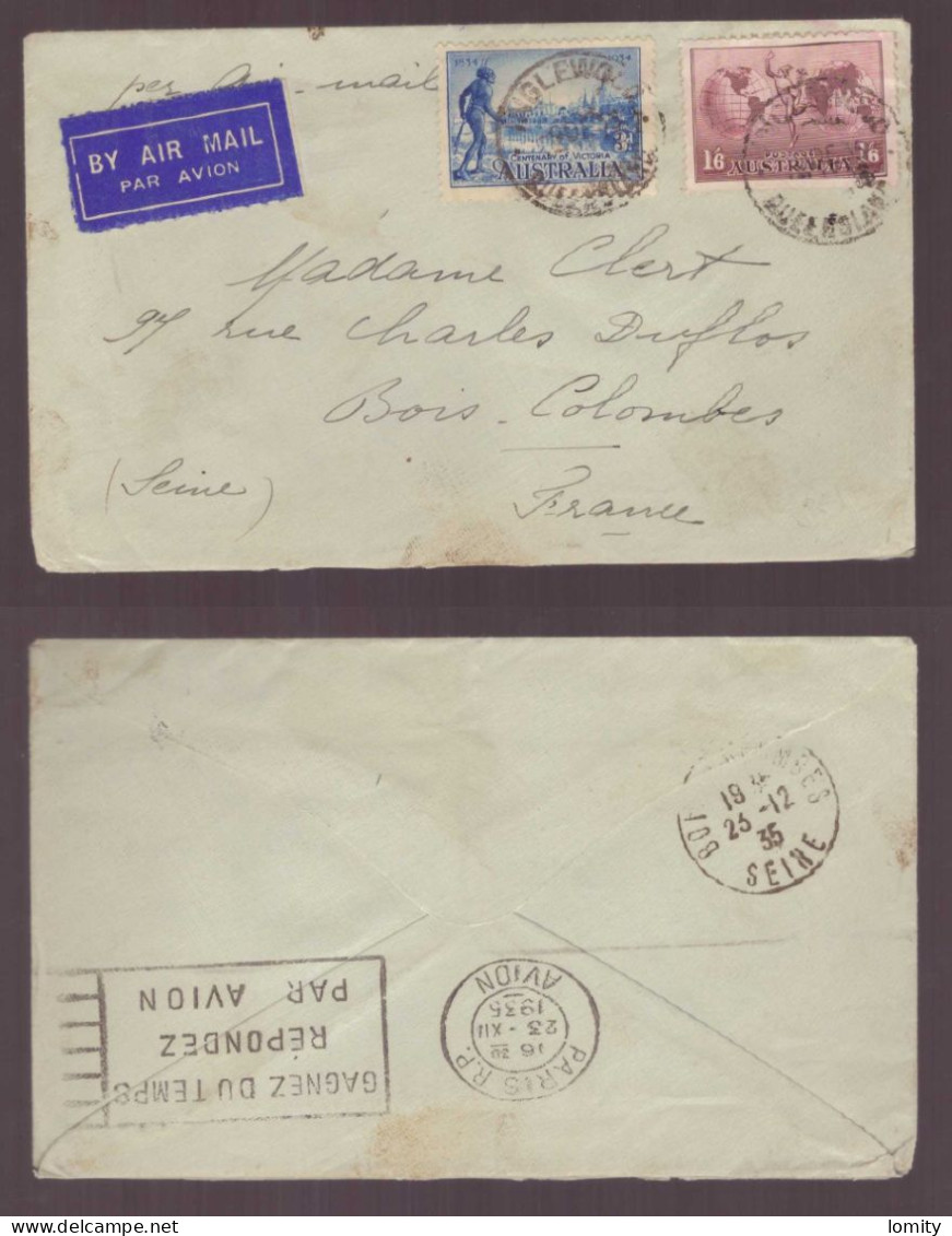 Australie Lettre Cachet 1935 2 Timbres Timbre N°95 + PA Oblitération Paris RP Avion Gagnez Du Temps Répondez Par Avion - Briefe U. Dokumente