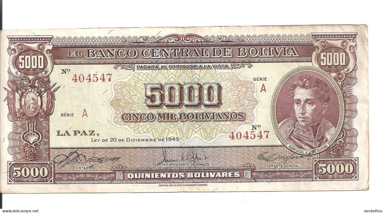 BOLIVIE 5000 BOLIVIANOS L.1945 VF+ P 145 - Bolivia