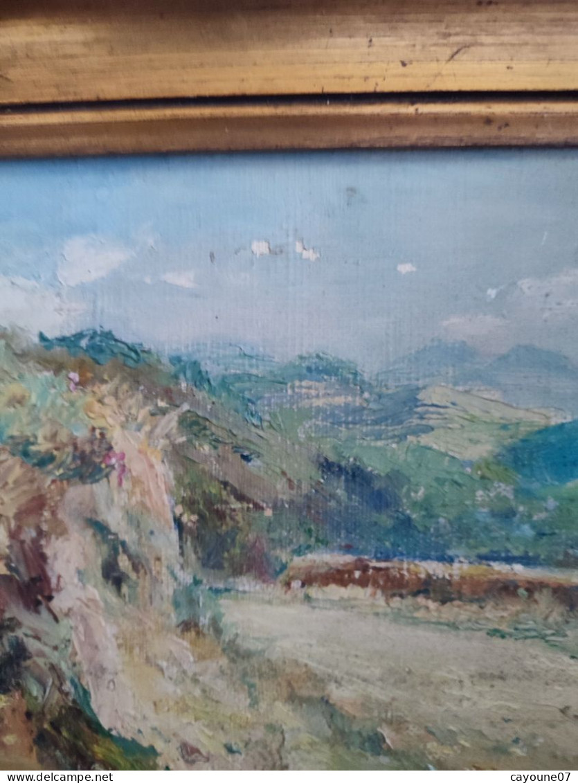 SABINE  (XXème )" Paysage de montagne" huile sur toile marouflée sur carton encadrée