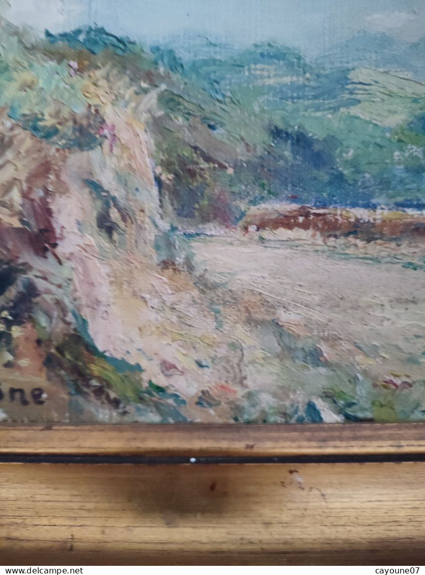 SABINE  (XXème )" Paysage de montagne" huile sur toile marouflée sur carton encadrée