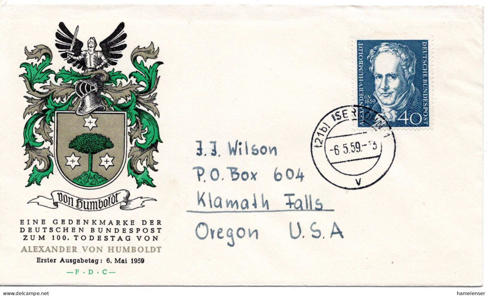 69665 - Bund - 1959 - 40Pfg Humboldt A FDC ISERLOHN -> Klamath Falls, OR (USA) - Cartas & Documentos