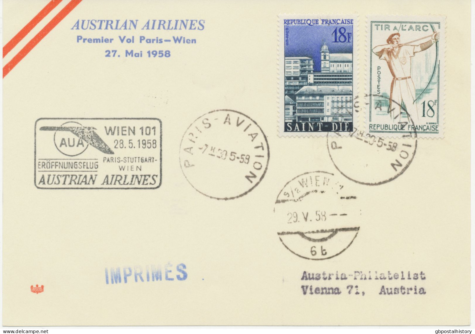 FRANKREICH 28.5.1958. AUA Erstflug „PARIS – WIEN“    FRANCE FIRST FLIGHT With AUA - Erst- U. Sonderflugbriefe