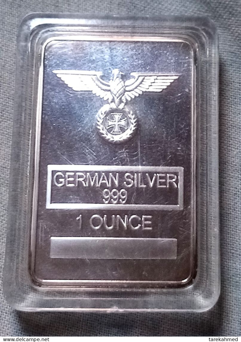 German Eagle Rare 1 Ounce Silver Bar 999 Silver Plated Cross Bar Clear Acrylic Capsule, Tokbag - Monedas/ De Necesidad