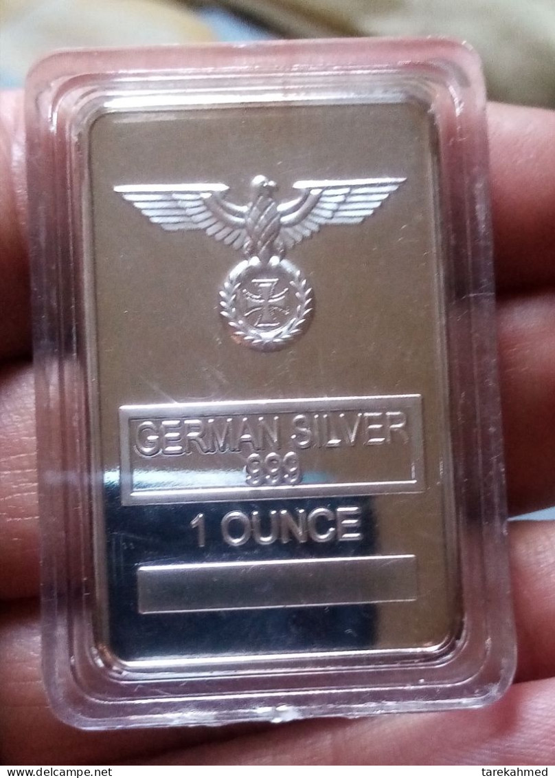 German Eagle Rare 1 Ounce Silver Bar 999 Silver Plated Cross Bar Clear Acrylic Capsule, Tokbag - Notgeld