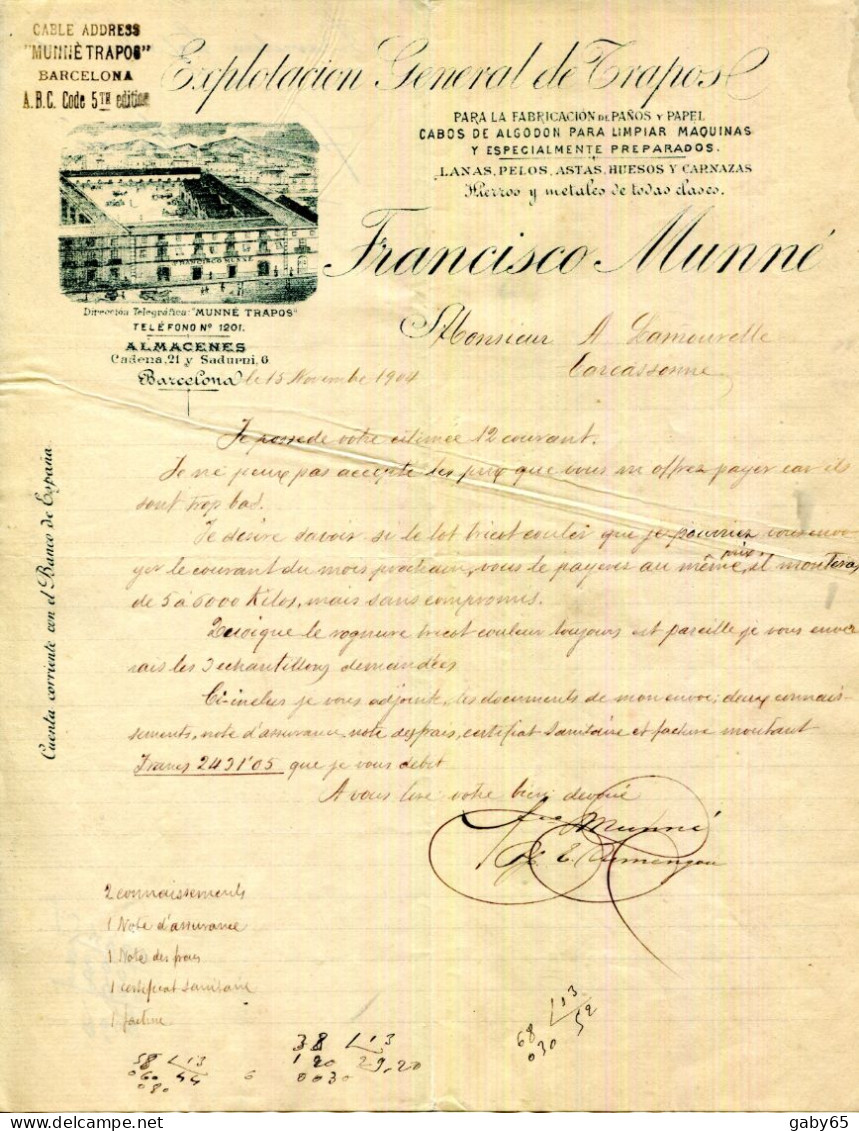 FACTURE.ESPAGNE.BARCELONA.EXPLOTACION GENERAL DE TRAPOS.FRANCISCO MUNNÉ. - Spain
