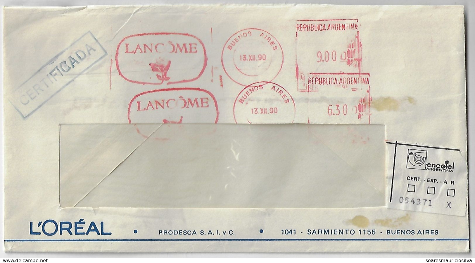 Argentina 1990 L'Oréal Registered Cover Sent From Buenos Aires Meter Stamp Slogan Lancôme Rose Flower Perfume Cosmetic - Lettres & Documents