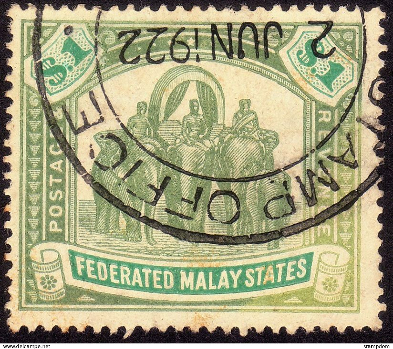 FEDERATED MALAY STATES FMS 1907 $1 Wmk.MCA Sc#34 -USED Fiscal Cancel @TE27 - Federated Malay States