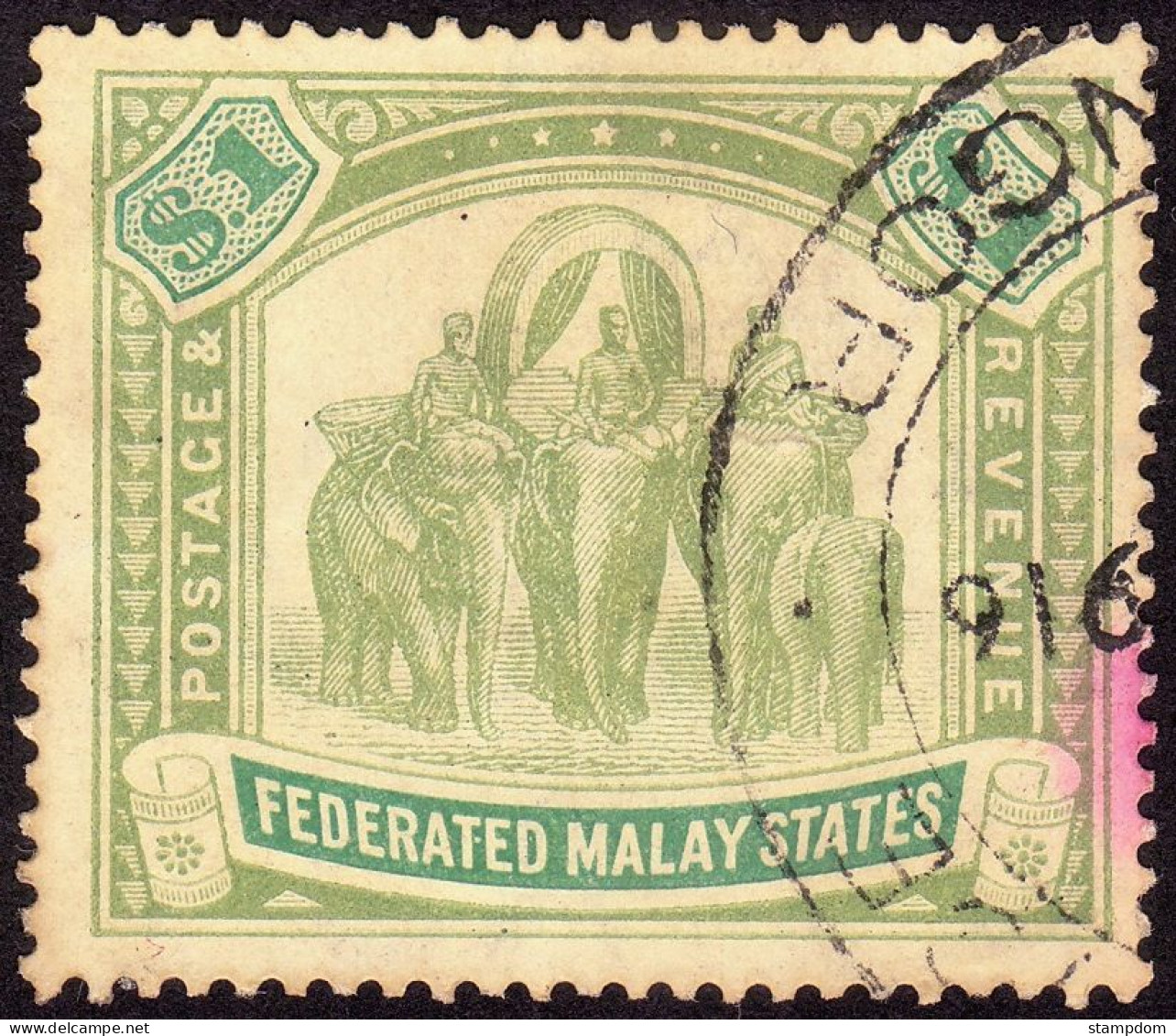 FEDERATED MALAY STATES FMS 1907 $1 Wmk.MCA Sc#34 -USED Fiscal Cancel @TE28 - Federated Malay States