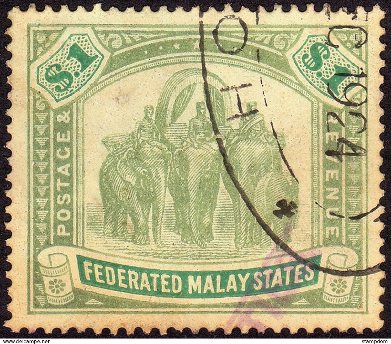 FEDERATED MALAY STATES FMS 1907 $1 Wmk.MCA Sc#34 -USED Fiscal Cancel @TE29 - Federated Malay States