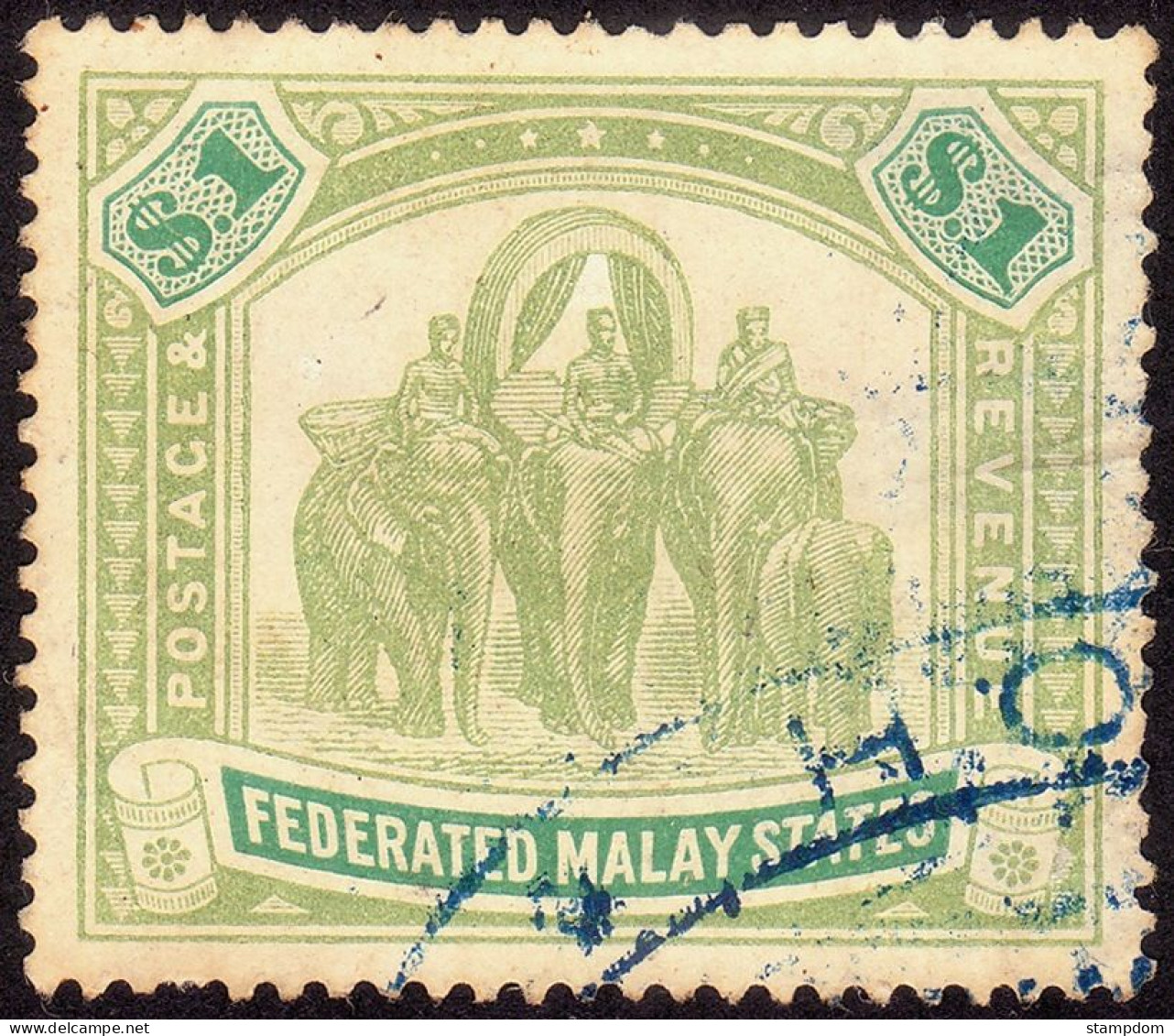 FEDERATED MALAY STATES FMS 1907 $1 Wmk.MCA Sc#34 -USED Fiscal Cancel - BACK THIN @TE30 - Federated Malay States