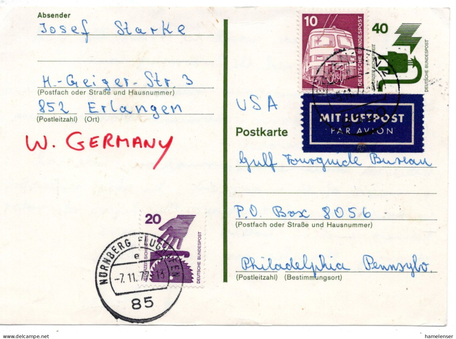 69676 - Bund - 1977 - 40Pfg Unfall GAKte M ZusFrankatur Per Lp NUERNBERG -> Philadelphia, PA (USA) - Covers & Documents