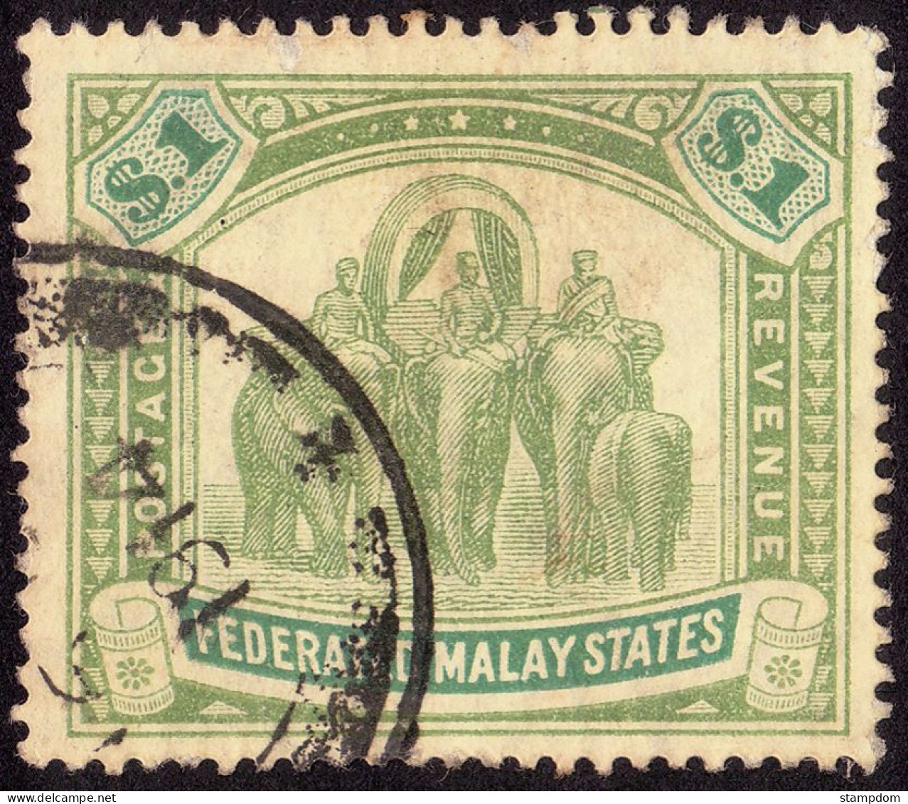 FEDERATED MALAY STATES FMS 1907 $1 Wmk.MCA Sc#34 -USED THIN SPOTS On 3 Perforations @TE91 - Federated Malay States