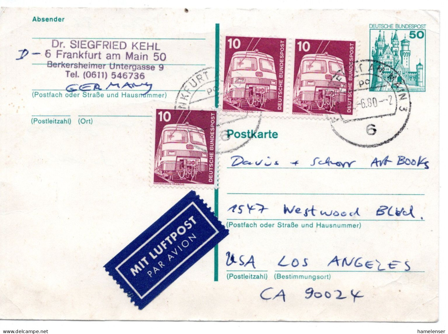 69677 - Bund - 1980 - 50Pfg B&S GAKte M ZusFrankatur Per Lp FRANKFURT -> Los Angeles, CA (USA) - Brieven En Documenten