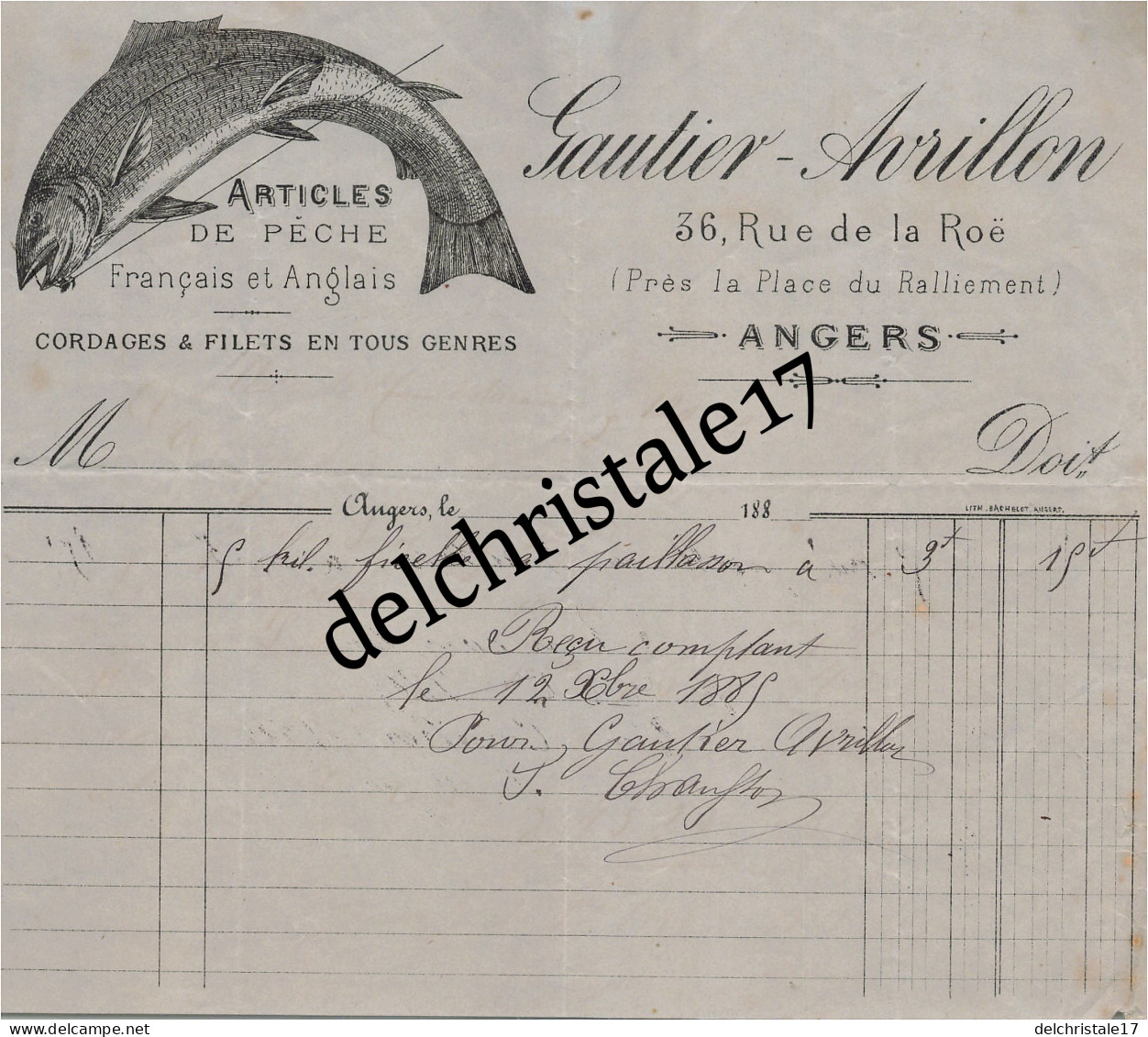 49 0057 ANGERS MAINE-&-LOIRE 1885 Articles De Pêche Français Anglais Cordages Filets GAUTIER AVRILLON Rue De La Roë - Fischerei