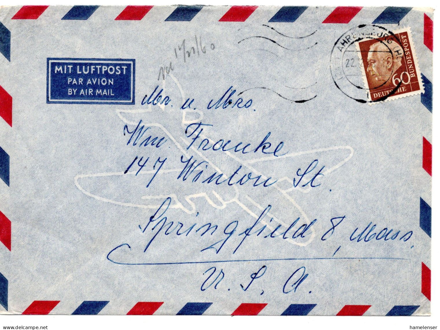 69680 - Bund - 1960 - 60Pfg Heuss II A LpBf AHRENSBURG - Springfield, MA (USA) - Brieven En Documenten