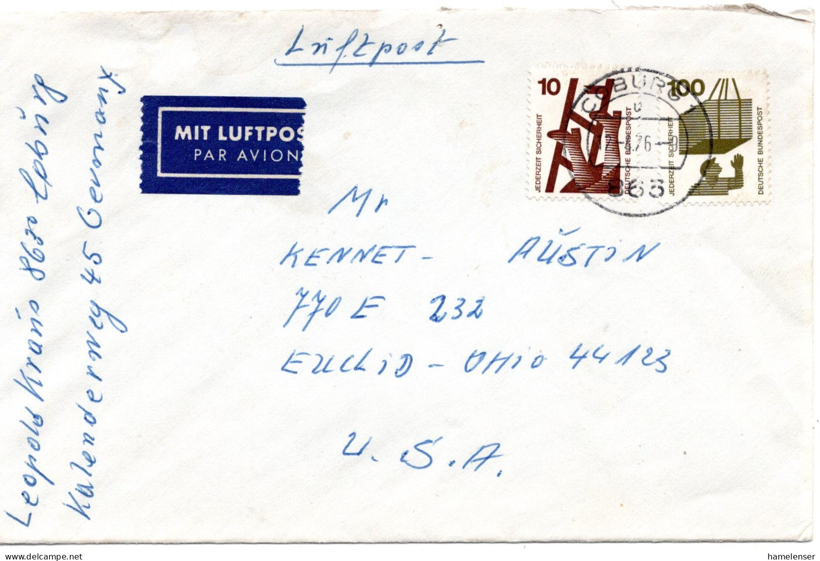 69681 - Bund - 1976 - 100Pfg Unfall A LpBf COBURG -> Euclid, OH (USA) - Lettres & Documents