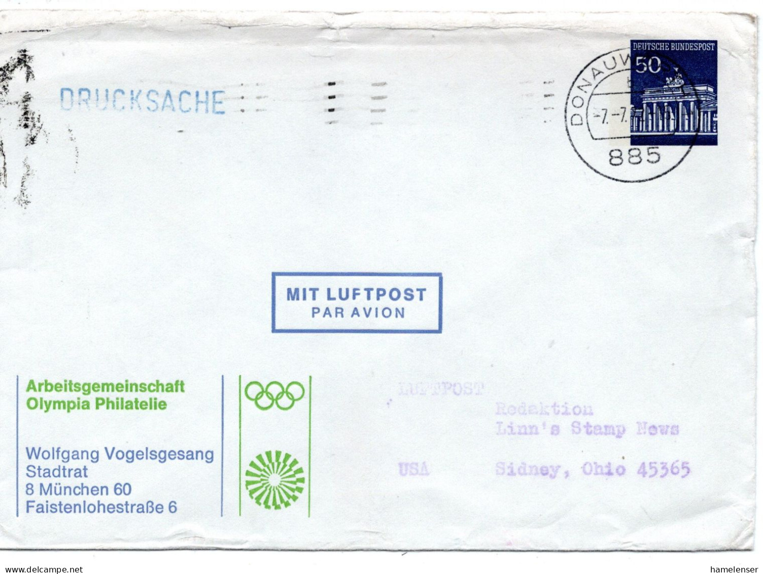 69682 - Bund - 1972 - 50Pfg Brandenburger Tor PGAUmschl "Olympiade '72" Als LpDrucksBf DONAUWOERTH -> Sidney, OH (USA) - Sommer 1972: München