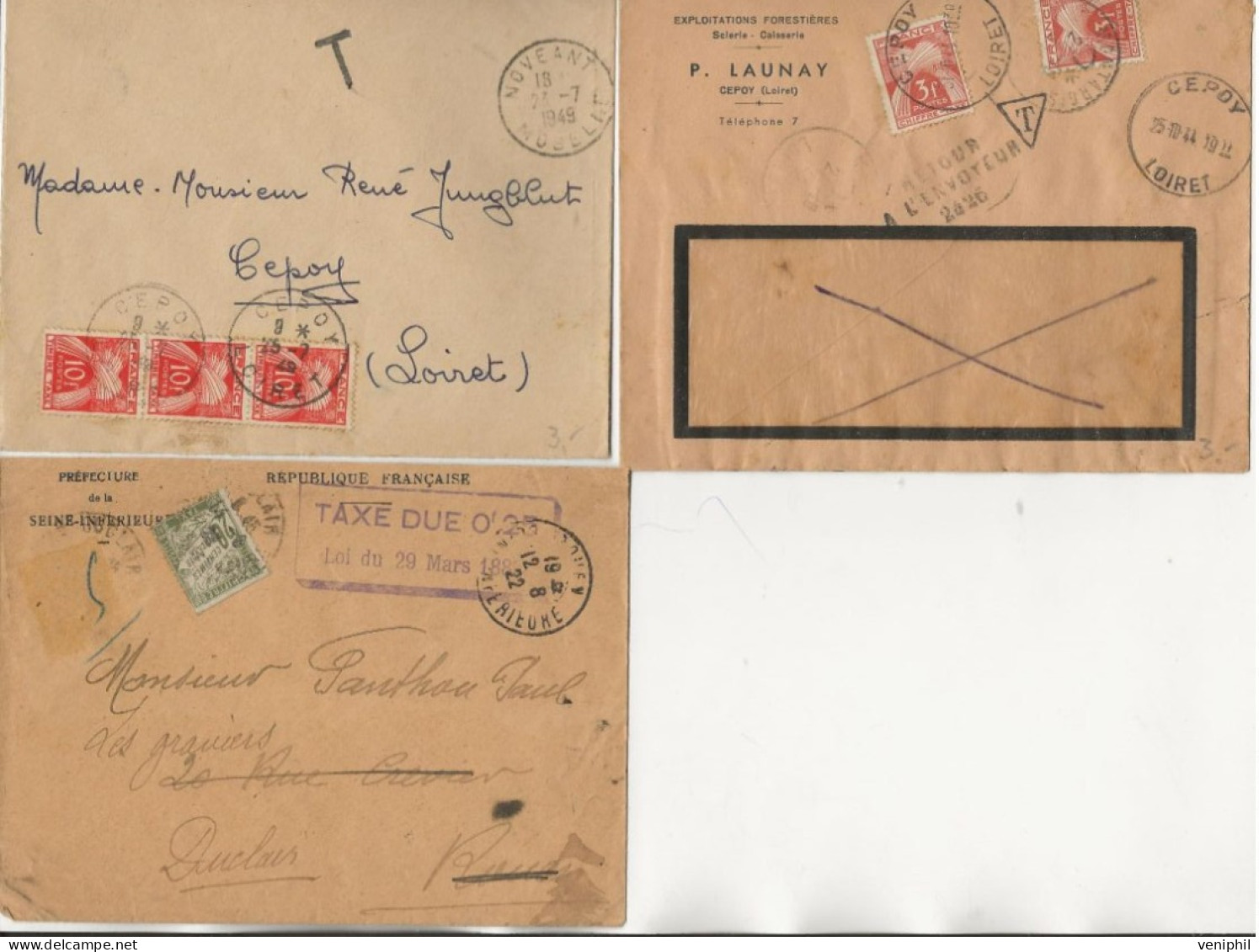 LOT DE 3 LETTRES  AVEC TIMBRES TAXE - CAD DIVERS - ANNEE 1914-22-1949 - 1960-.... Lettres & Documents