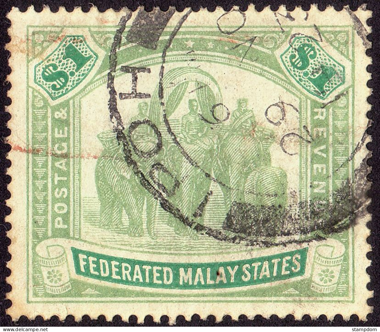 FEDERATED MALAY STATES FMS 1907 $1 Wmk.MCA Sc#34 -USED Ipoh CDS @TE95 - Federated Malay States