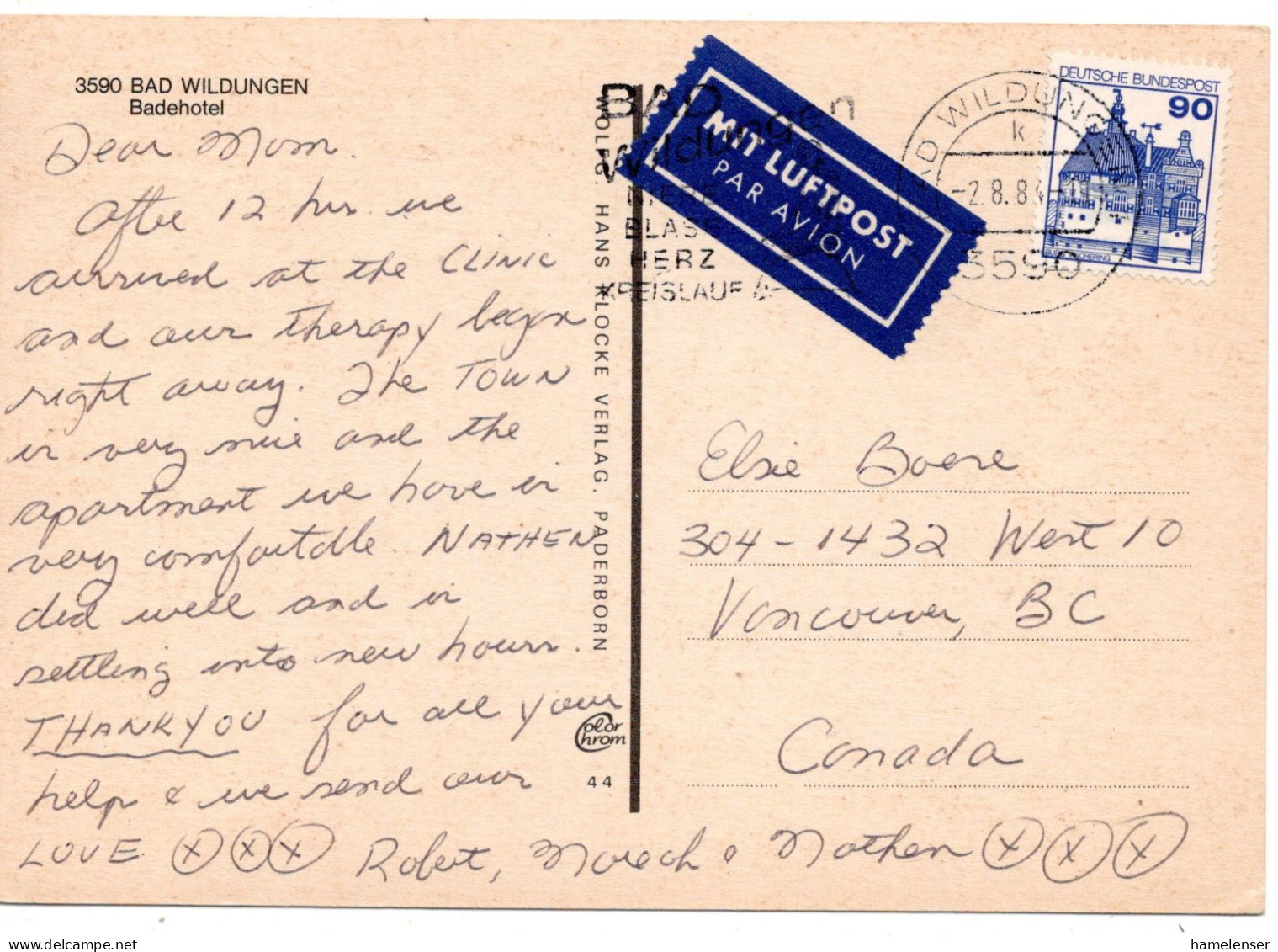 69685 - Bund - 1984 - 90Pfg B&S EF A LpAnsKte BAD WILDUNGEN - ... -> Vancouver, BC (Canada) - Storia Postale