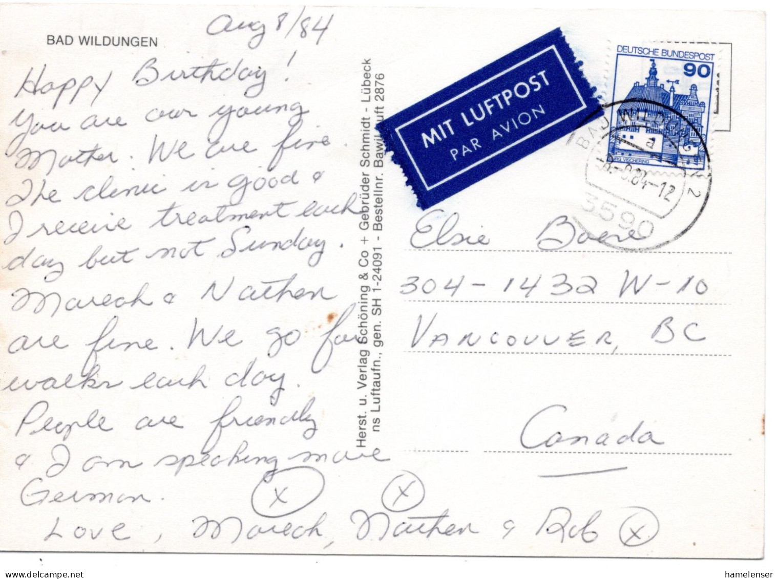 69686 - Bund - 1984 - 90Pfg B&S EF A LpAnsKte BAD WILDUNGEN -> Vancouver, BC (Canada) - Lettres & Documents