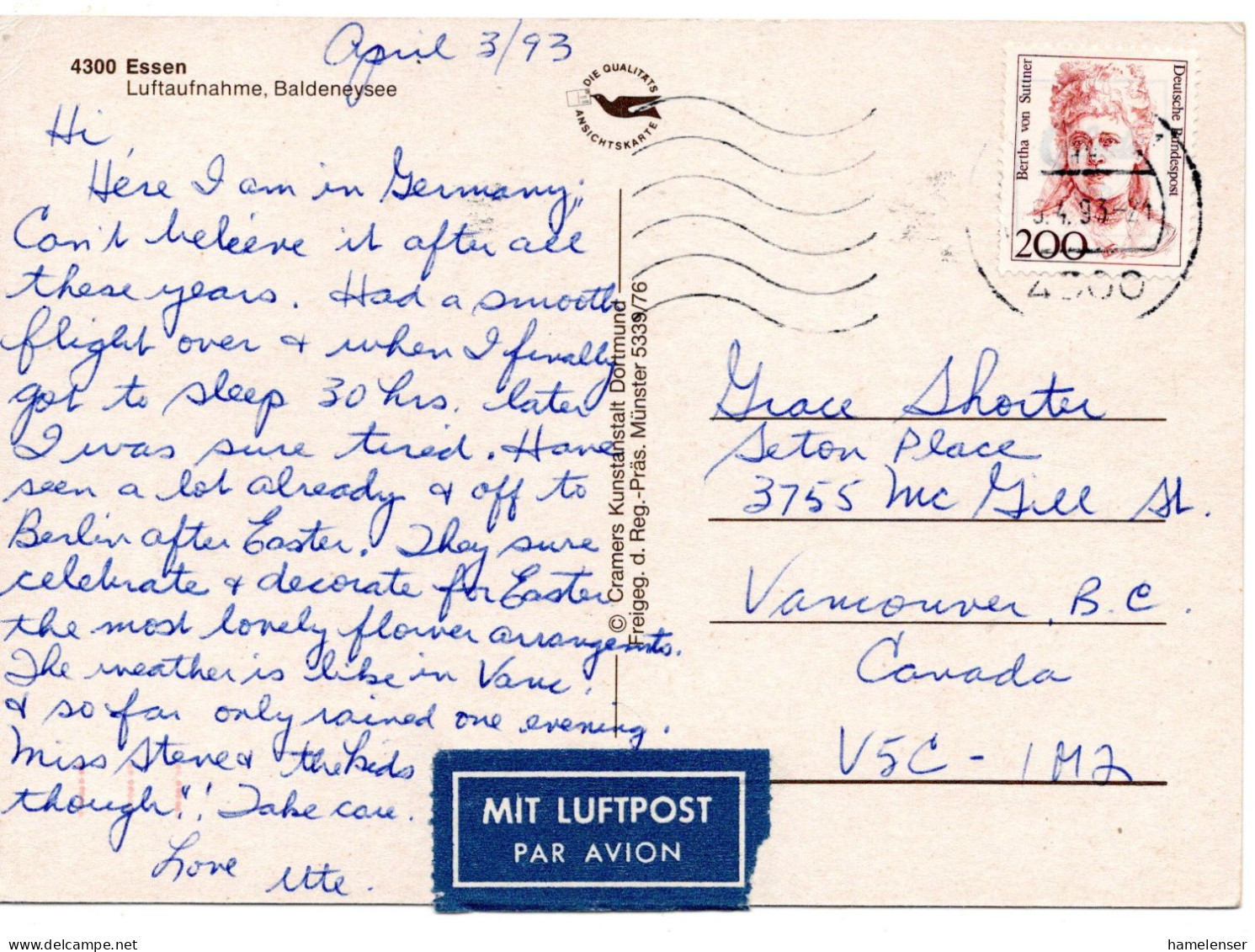 69688 - Bund - 1993 - 200Pfg V Suttner EF A LpAnsKte ESSEN -> Vancouver, BC (Canada) - Storia Postale