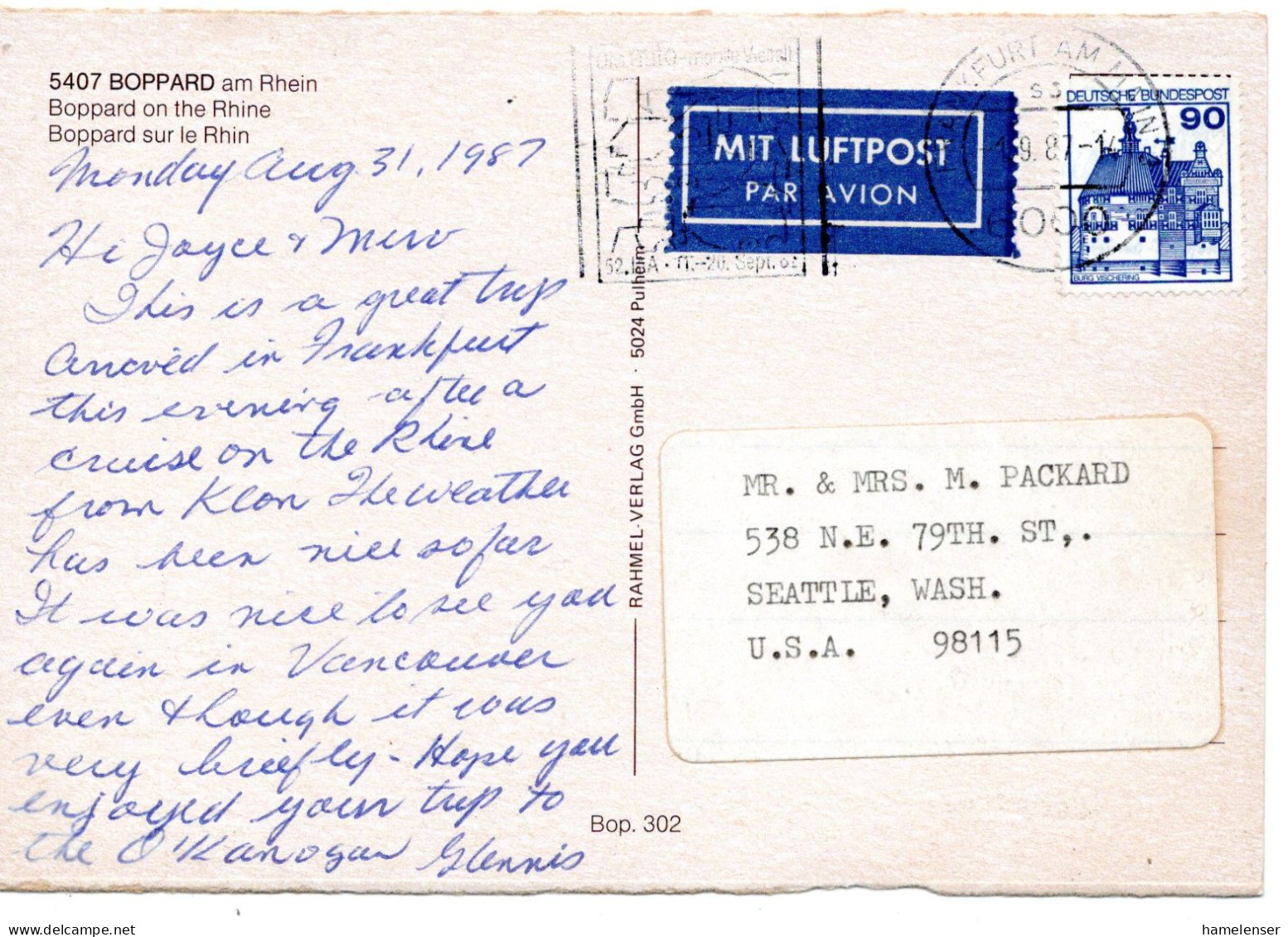 69692 - Bund - 1987 - 90Pfg B&S EF A LpAnsKte FRANKFURT - ... -> Seattle, WA (USA) - Lettres & Documents