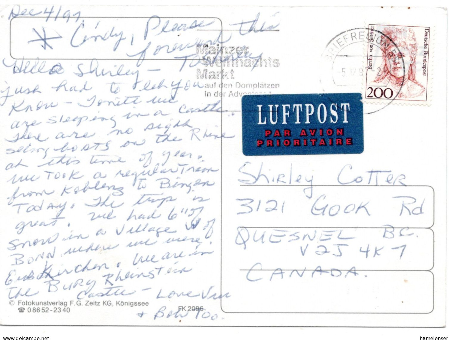 69693 - Bund - 1997 - 200Pfg V Suttner EF A LpAnsKte BRIEFREGION 55 - ... -> Quesnel, BC (Canada) - Storia Postale