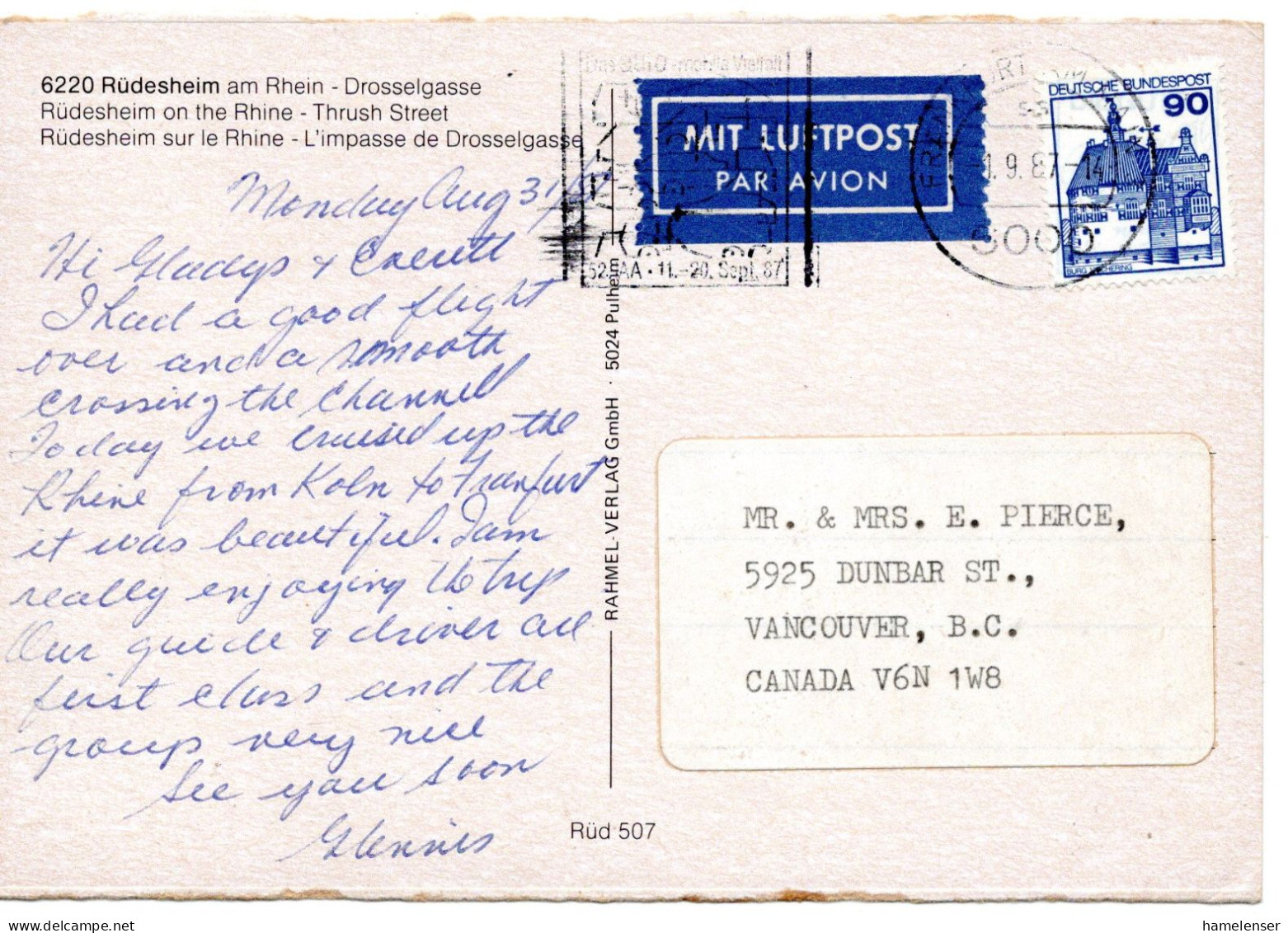 69694 - Bund - 1987 - 90Pfg B&S EF A LpAnsKte FRANKFURT - ... -> Vancouver, BC (Canada) - Lettres & Documents