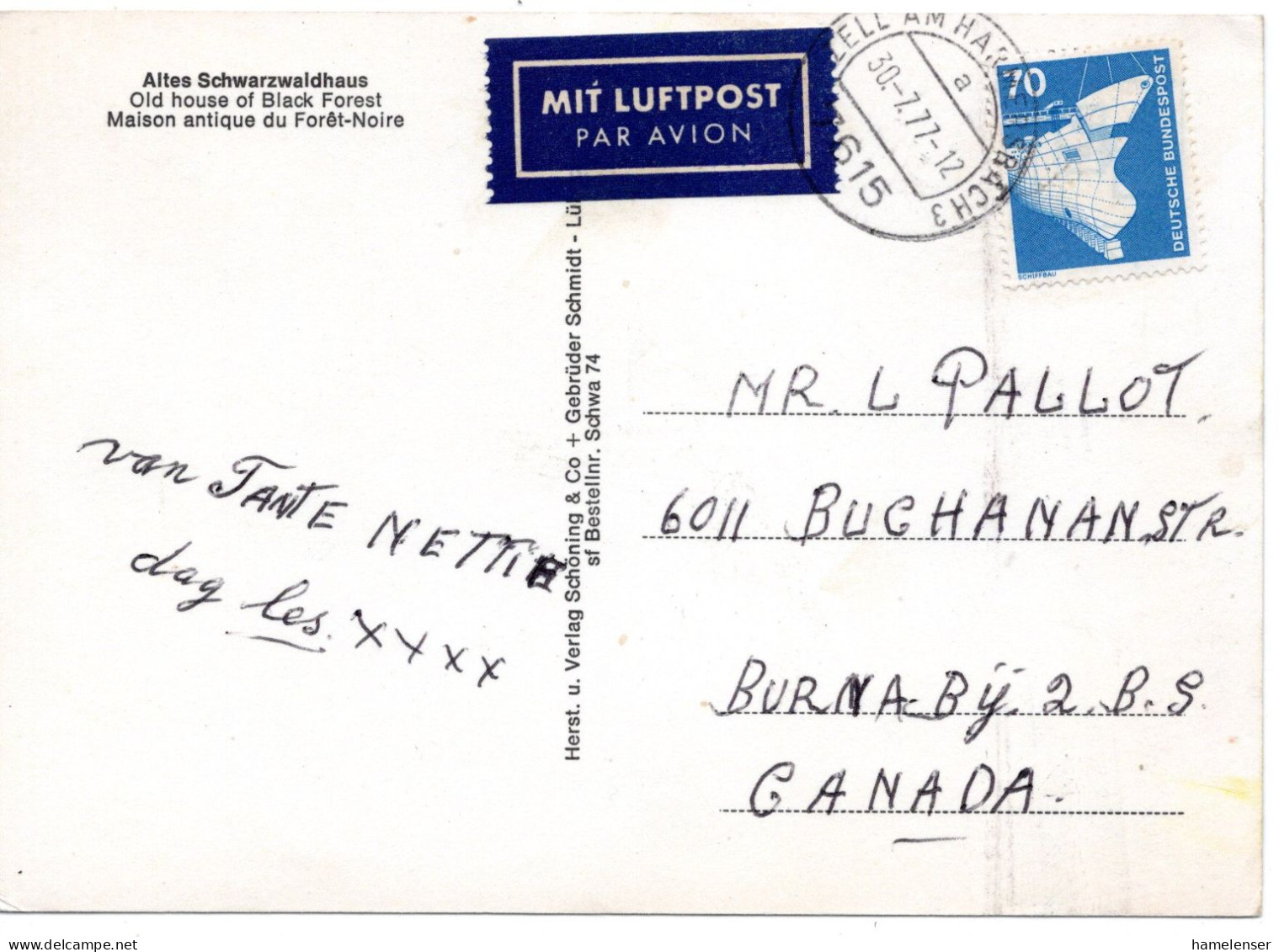 69699 - Bund - 1977 - 70Pfg I&T EF A LpAnsKte ZELL -> Burnaby, BC (Canada) - Lettres & Documents