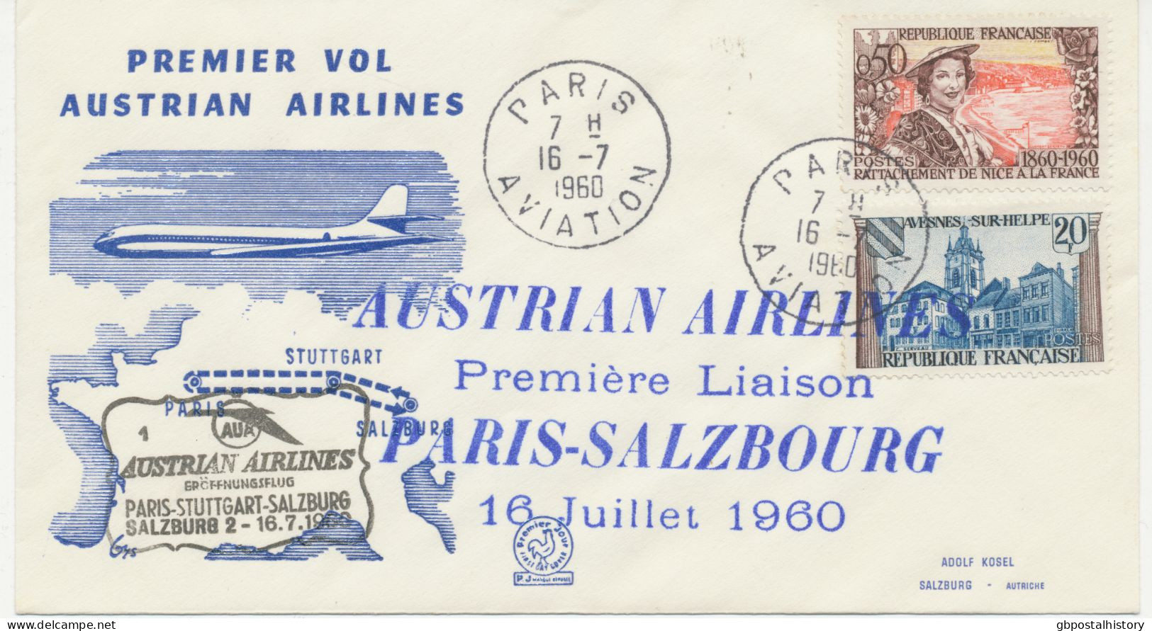 FRANKREICH 16.7.1960, AUA Erstflug „PARIS – SALZBURG“    FRANCE FIRST FLIGHT With AUA - Erst- U. Sonderflugbriefe