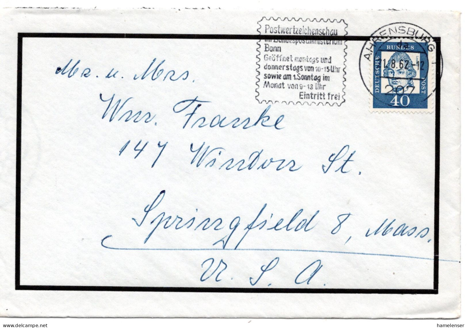 69702 - Bund - 1962 - 40Pfg Lessing EF A Bf AHRENSBURG - ... -> Springfield, MA (USA) - Lettres & Documents