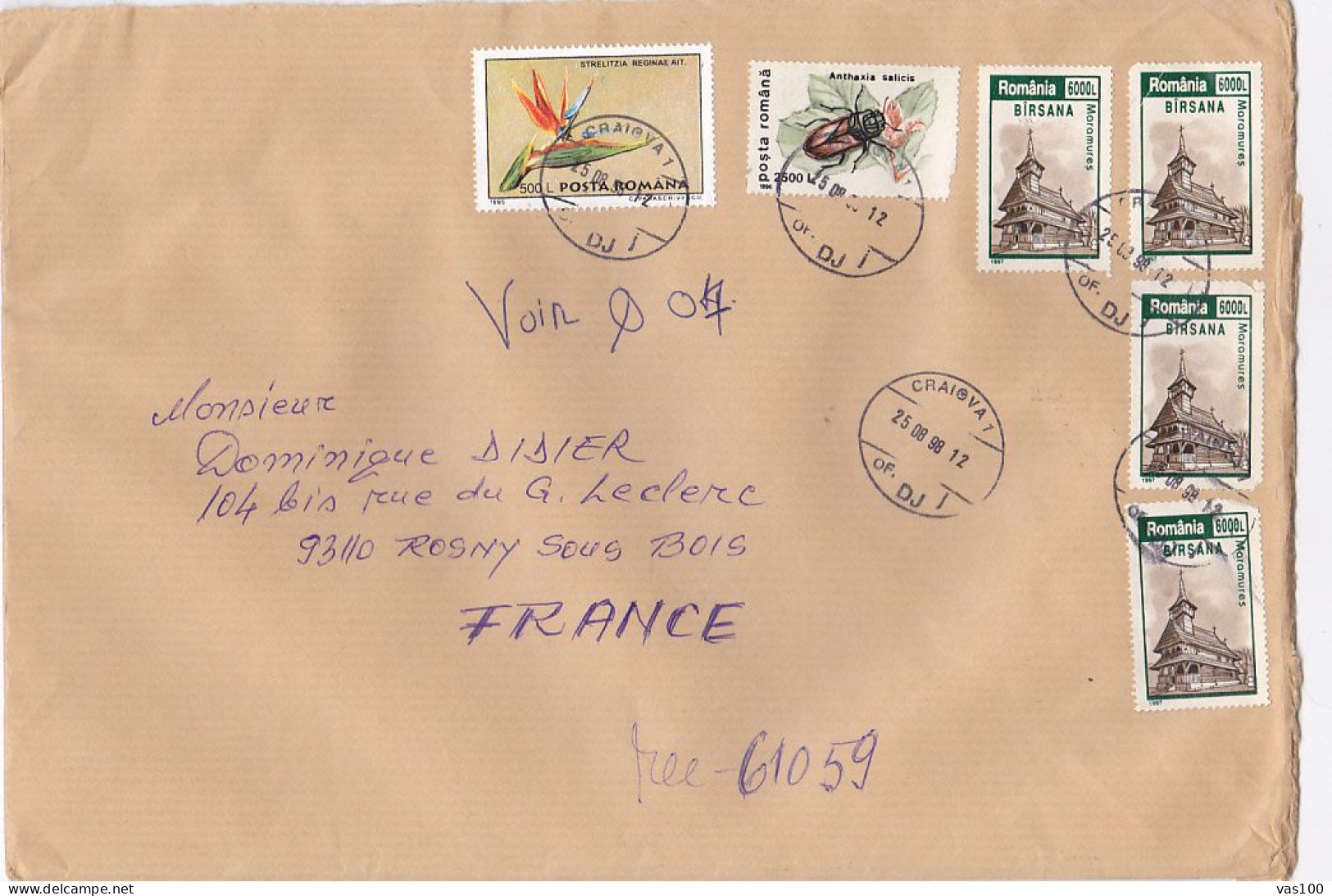 FLOWER, BEETLE, CHURCH, STAMPS ON COVER, 1998, ROMANIA - Cartas & Documentos