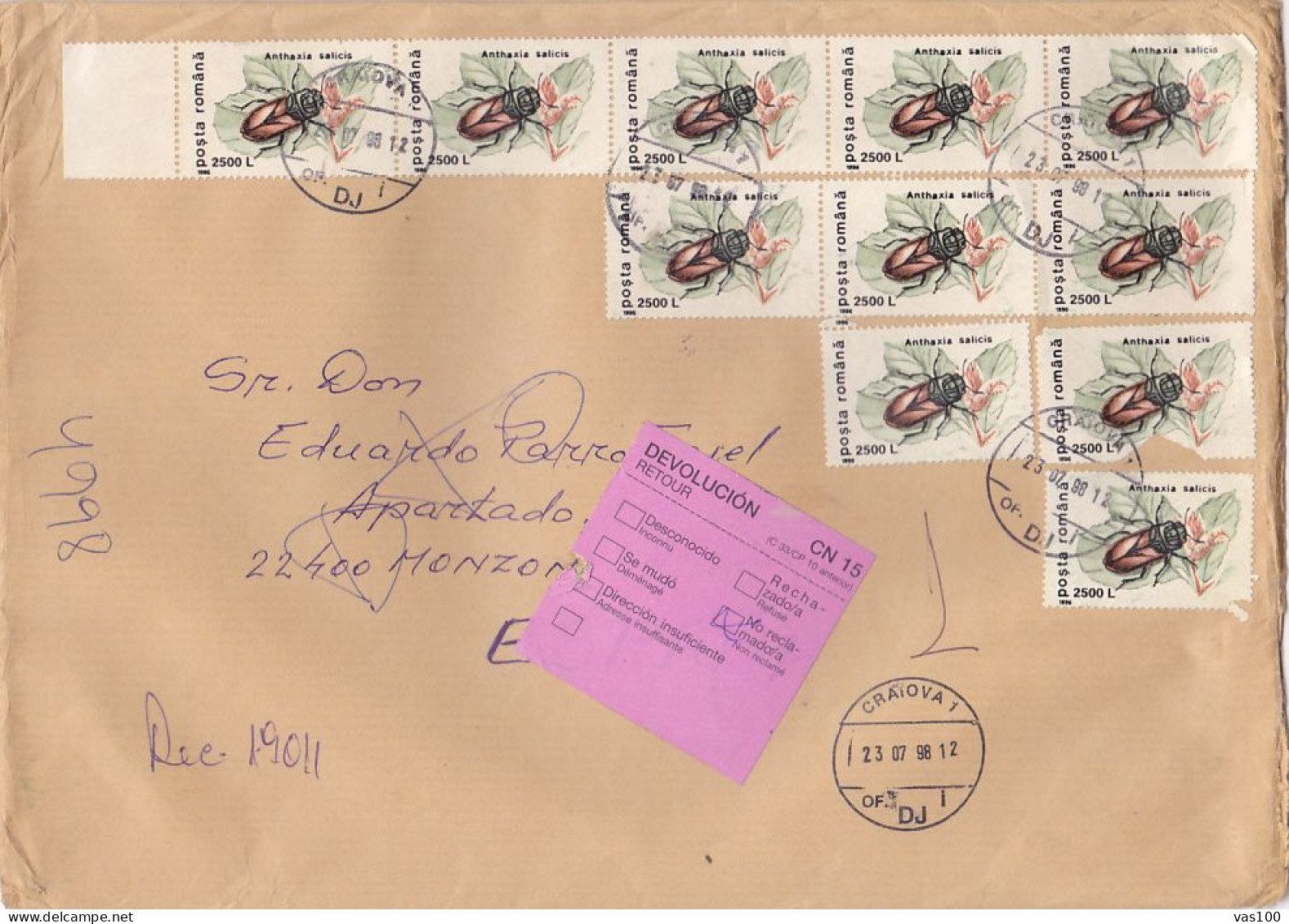 BEETLE, STAMPS ON REGISTERED COVER, 1998, ROMANIA - Briefe U. Dokumente