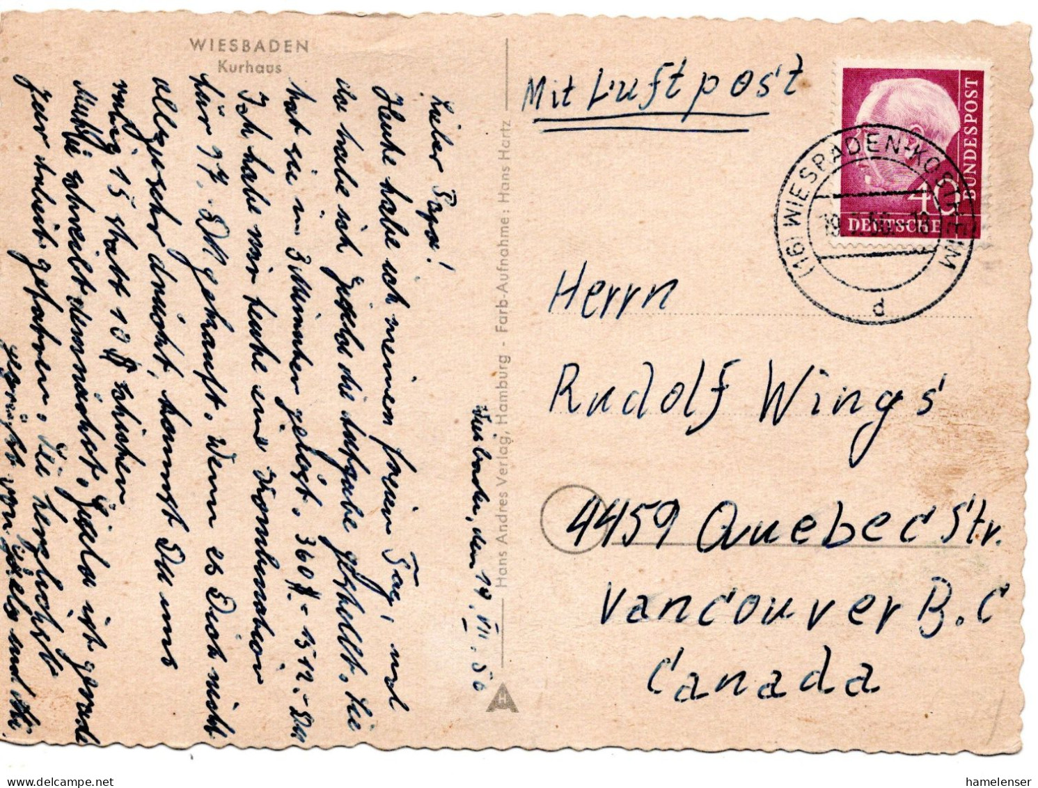 69704 - Bund - 1956 - 40Pfg Heuss I EF A LpAnsKte WIESBADEN -> Vancouver, BC (USA) - Storia Postale