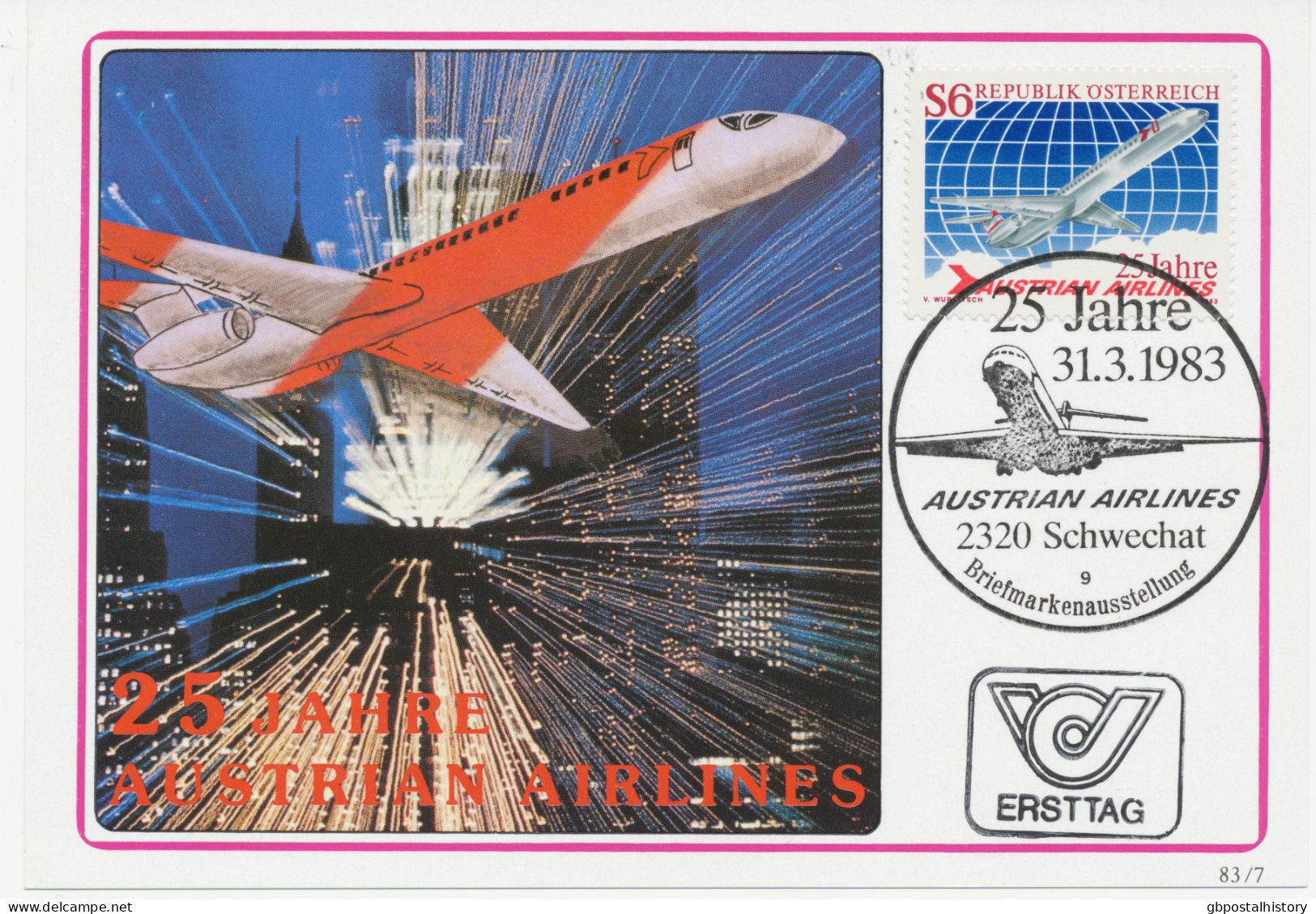 ÖSTERREICH 31.3.1983, 25 Jahre Austrian Airlines (AUA) Maximumkarte - Maximumkaarten