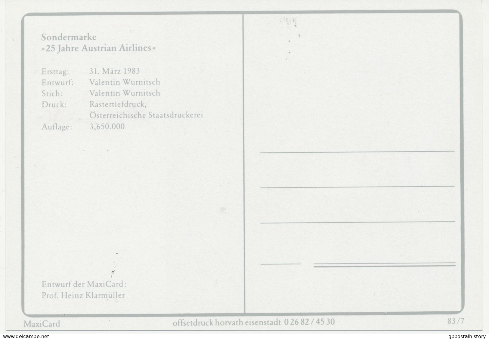 ÖSTERREICH 31.3.1983, 25 Jahre Austrian Airlines (AUA) Maximumkarte - Cartoline Maximum