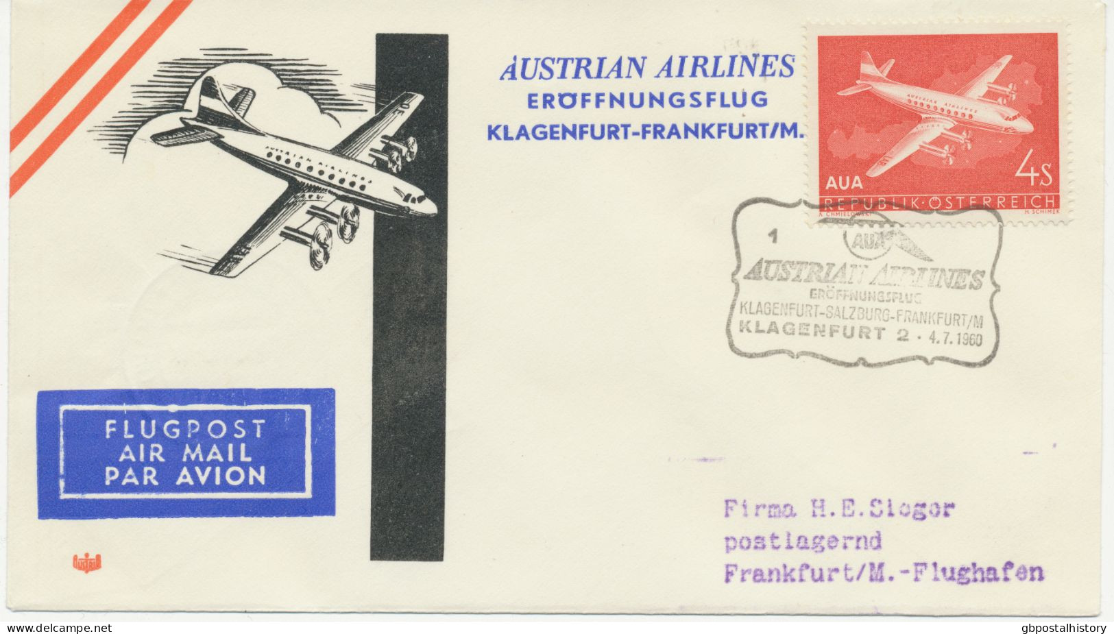 ÖSTERREICH 4.7.1960, AUA Erstflug „KLAGENFURT – FRANKFURT/M.“    AUSTRIA Superb First Flight With AUA - Premiers Vols