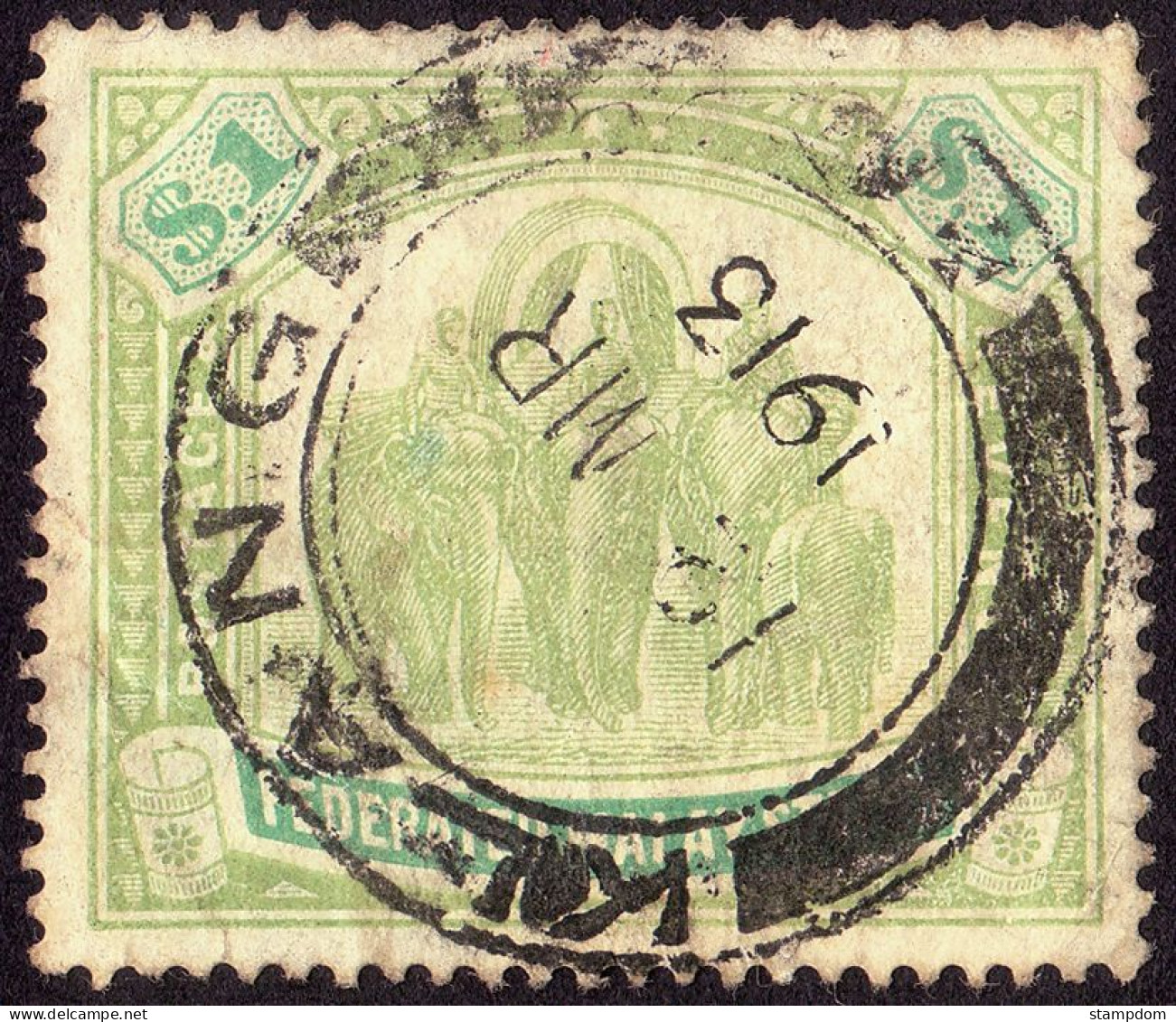 FEDERATED MALAY STATES FMS 1907 $1 Wmk.MCA Sc#34 -USED KLANG CDS - CREASED @TE96 - Federated Malay States