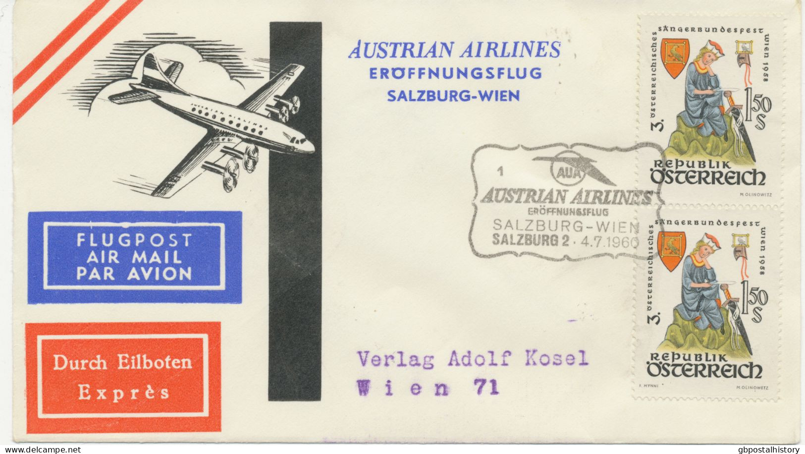 ÖSTERREICH 4.7.1960, AUA Erstflug „SALZBURG – WIEN“ Als Eilboten-/Express-Lupo-Bf Gel. - Primi Voli