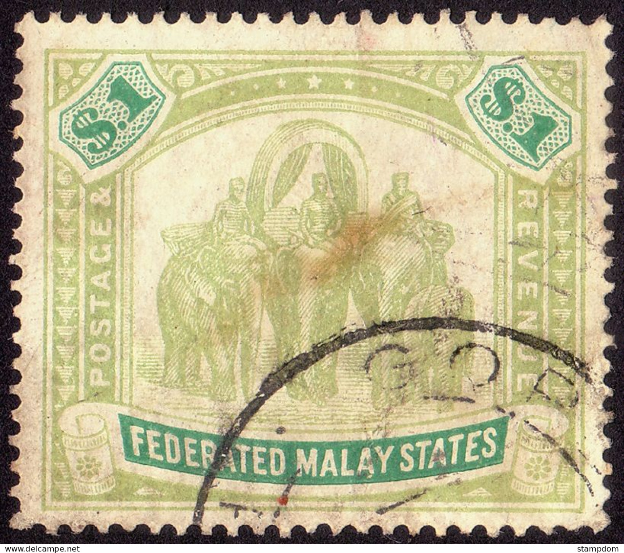 FEDERATED MALAY STATES FMS 1907 $1 Wmk.MCA Sc#34 -USED Partial GOPeng CDS @TE98 - Federated Malay States