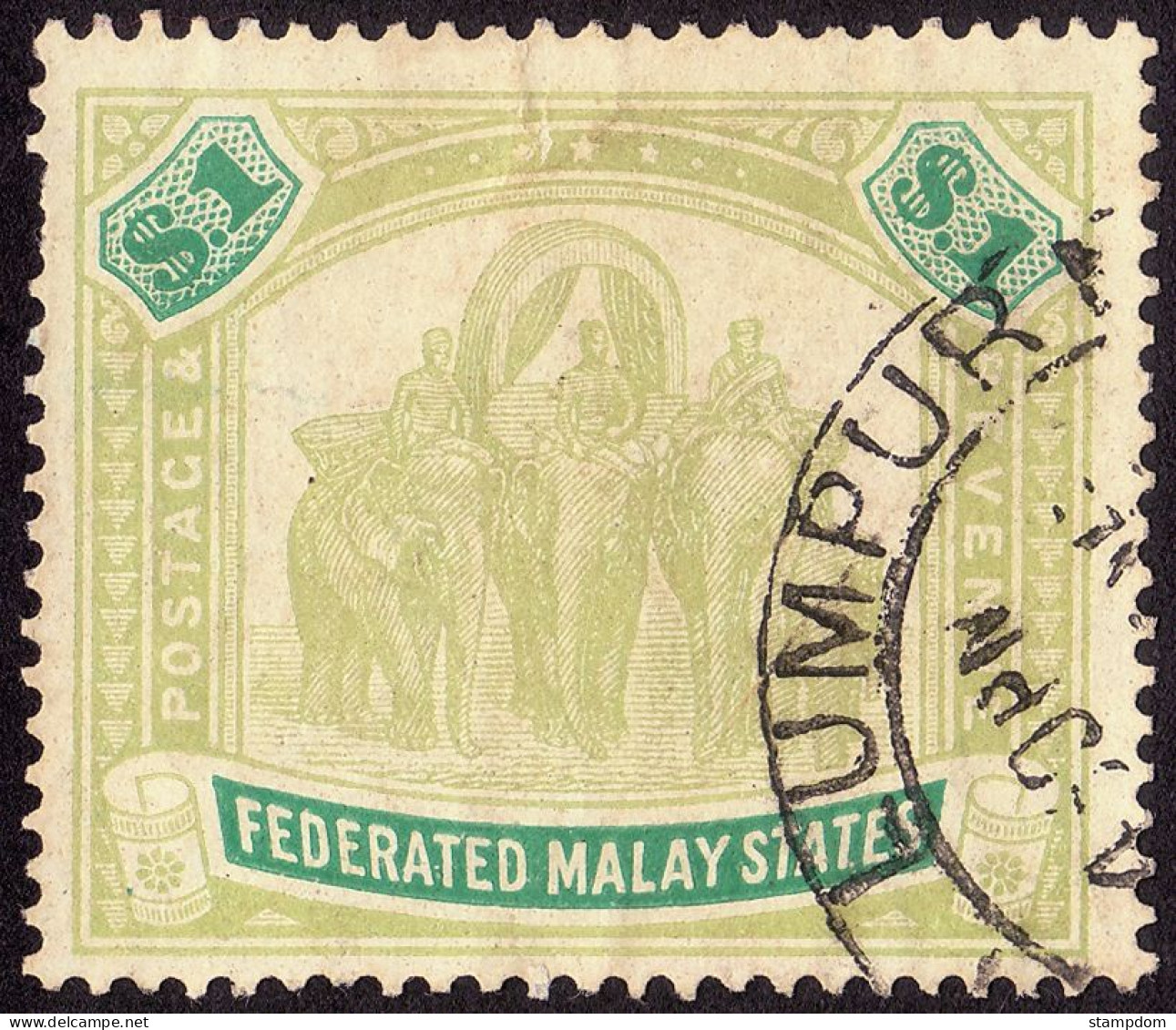 FEDERATED MALAY STATES FMS 1907 $1 Wmk.MCA Sc#34 -USED Partial Kuala LUMPUR CDS @TE100 - Federated Malay States