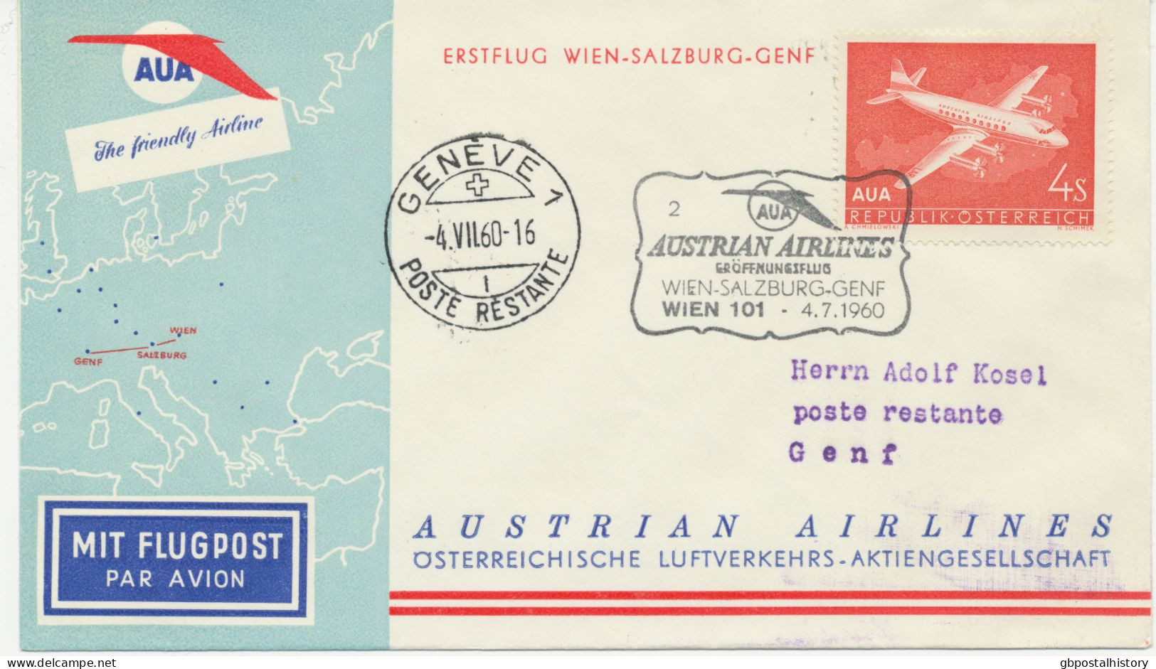 ÖSTERREICH 4.7.1960, AUA Erstflug „WIEN – GENF“ M. Vorderseitiger Ank.-Stpl.    AUSTRIA Superb First Flight With AUA - Primeros Vuelos