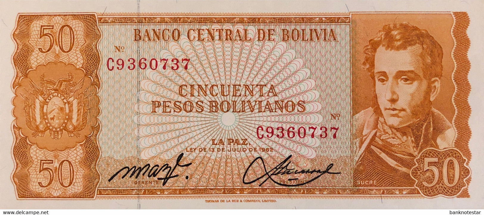 Bolivia 50 Pesos Bolivianos, P-162 (L.1962) - UNC - Signature Variety - Bolivie