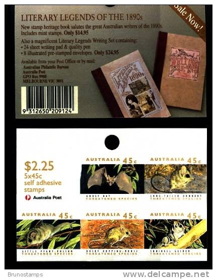 AUSTRALIA - 1992  THREATENED SPECIES SELF-ADHESIVE SHEETLET OF 5  MINT NH - Blokken & Velletjes