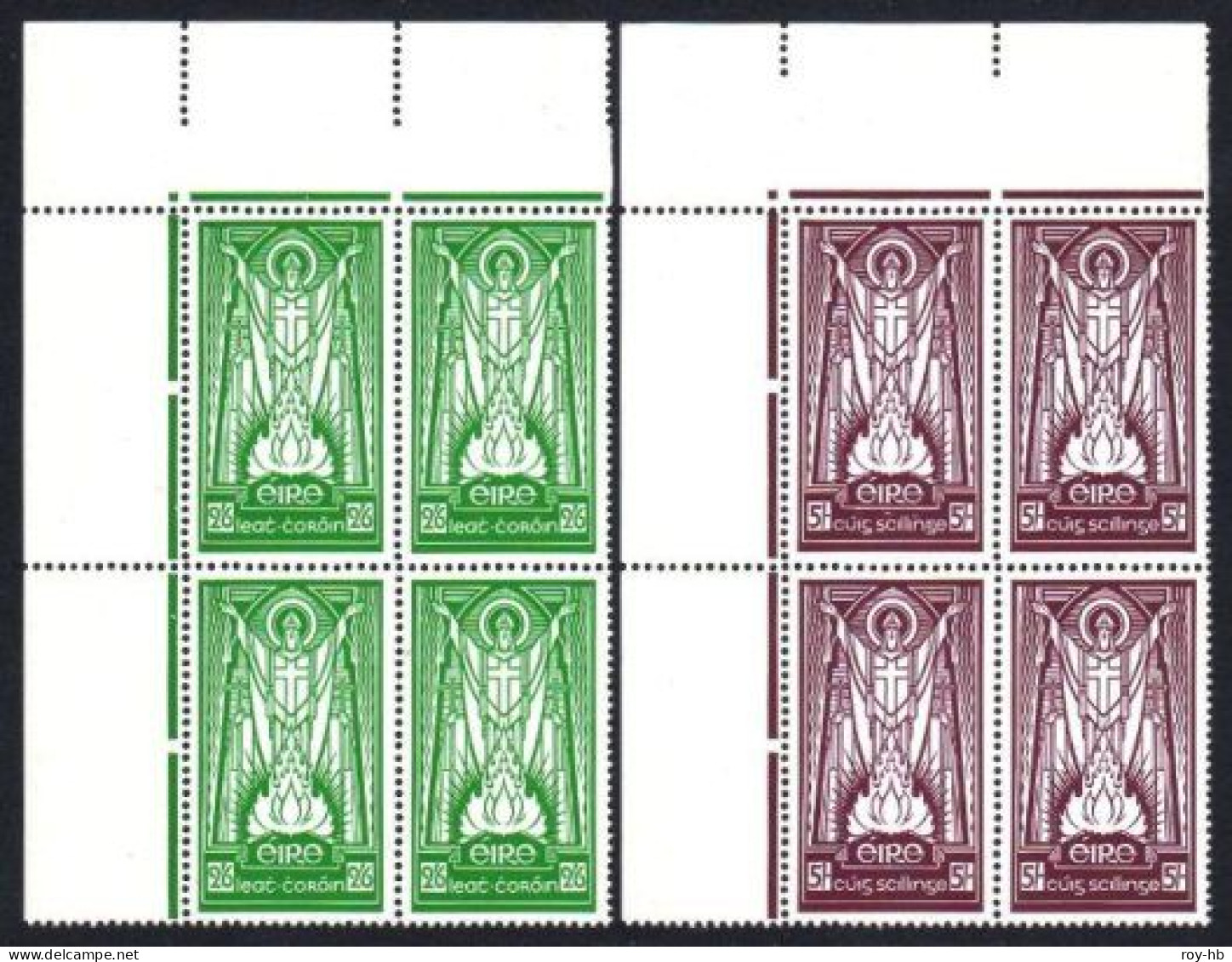 1945 St. Patrick 2/6-10/- On Cream Paper, Set In Matching Top Left Corner Blocks Of 4, Fresh U/m, Superb Original Colour - Nuevos