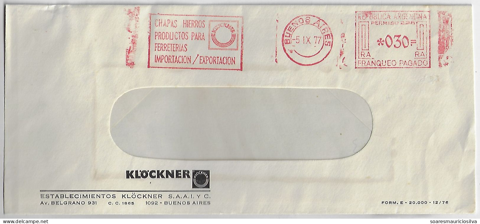 Argentina 1977 Cover Buenos Aires Meter Stamp Universal MultiValue Slogan Klöckner iron Plate Hardware Import Export - Covers & Documents